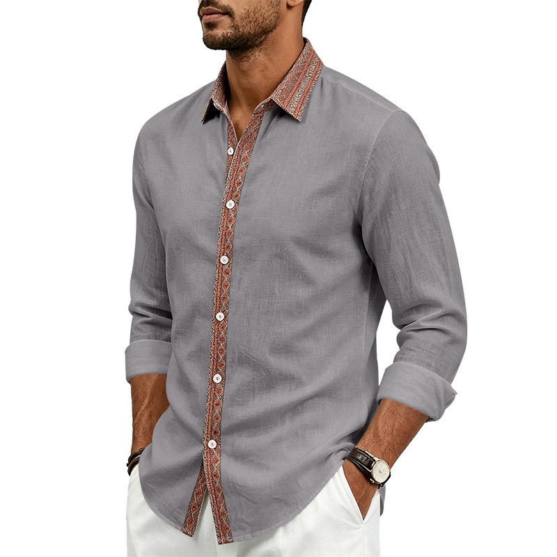 para hombre de lino camisa de manga larga | Contrast Placket Collared camisa