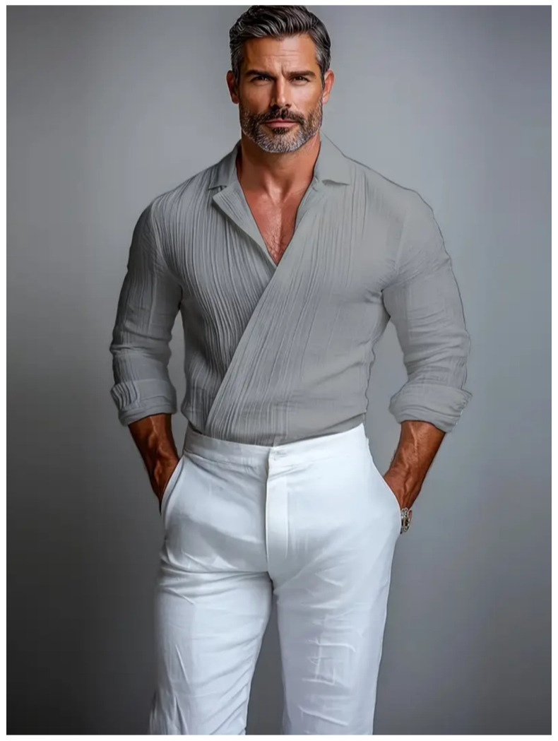 Camisa Textured Crossover V-Neck de manga larga Pullover para hombre