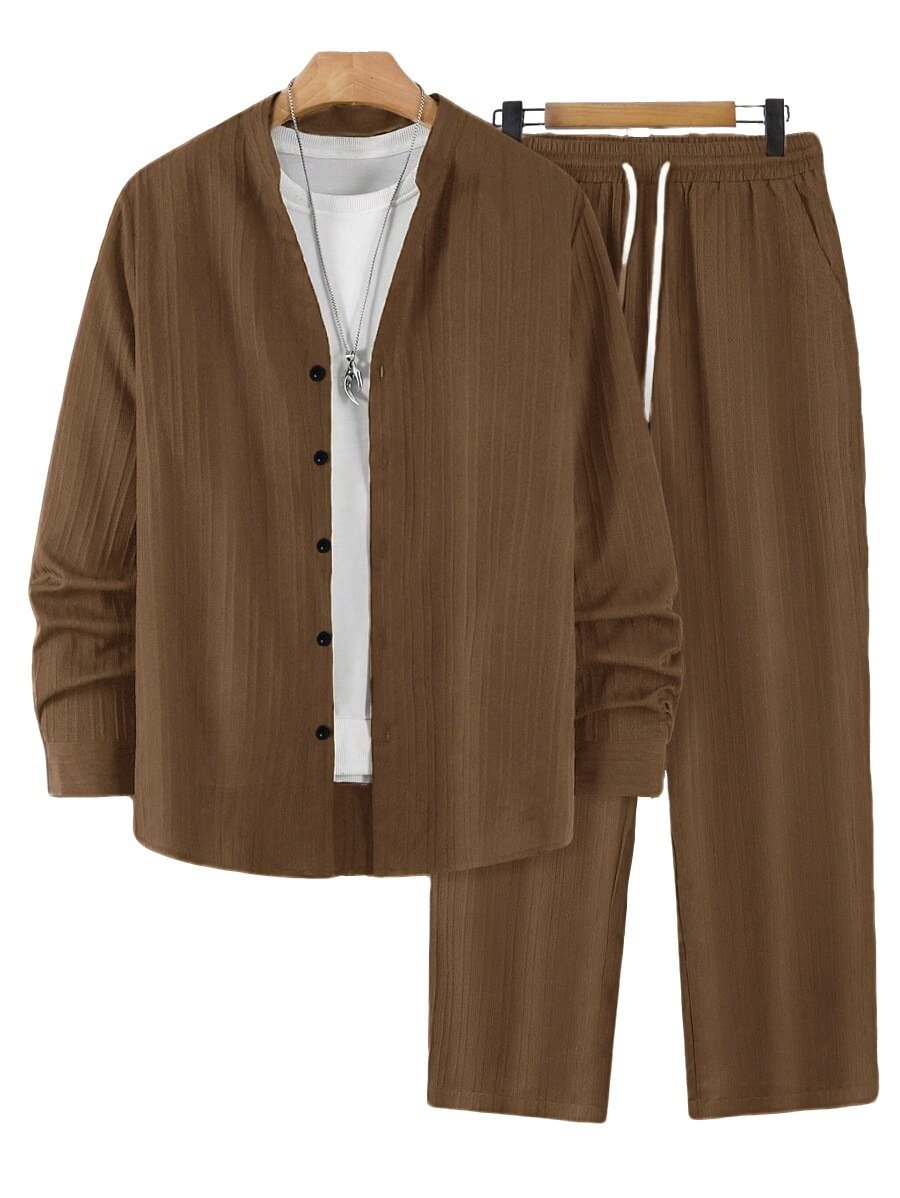 Solid-color, collarless, de manga largad camisa and trousers conjunto de dos piezas