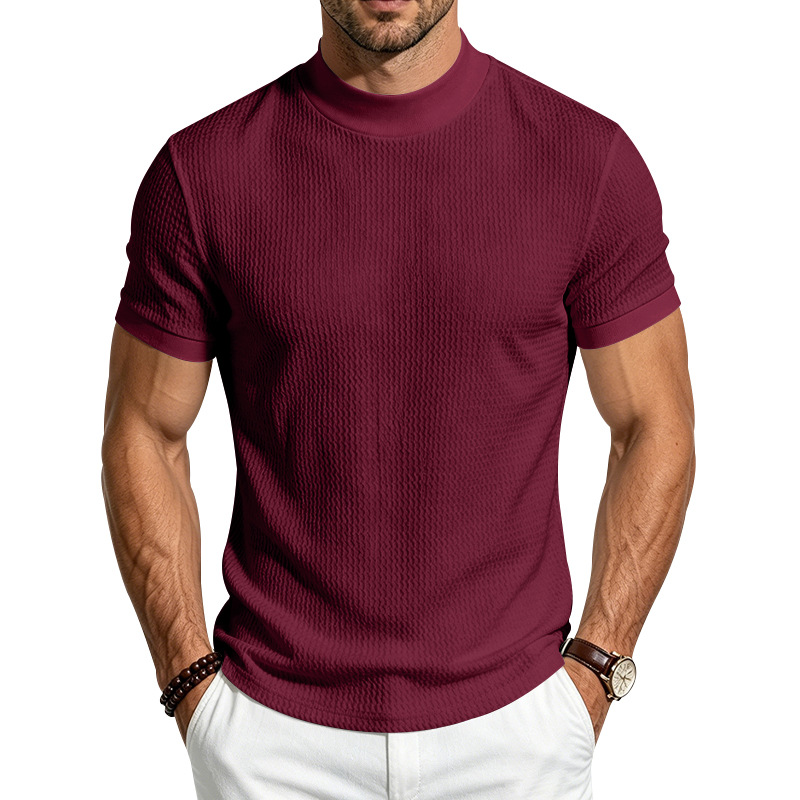 para hombre Solid Jacquard Mock Neck camisa | de corte entallado Minimalist de manga corta Top