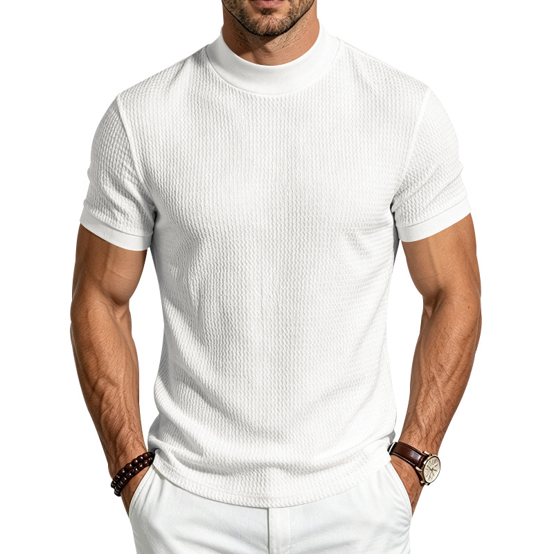 para hombre Solid Jacquard Mock Neck camisa | de corte entallado Minimalist de manga corta Top
