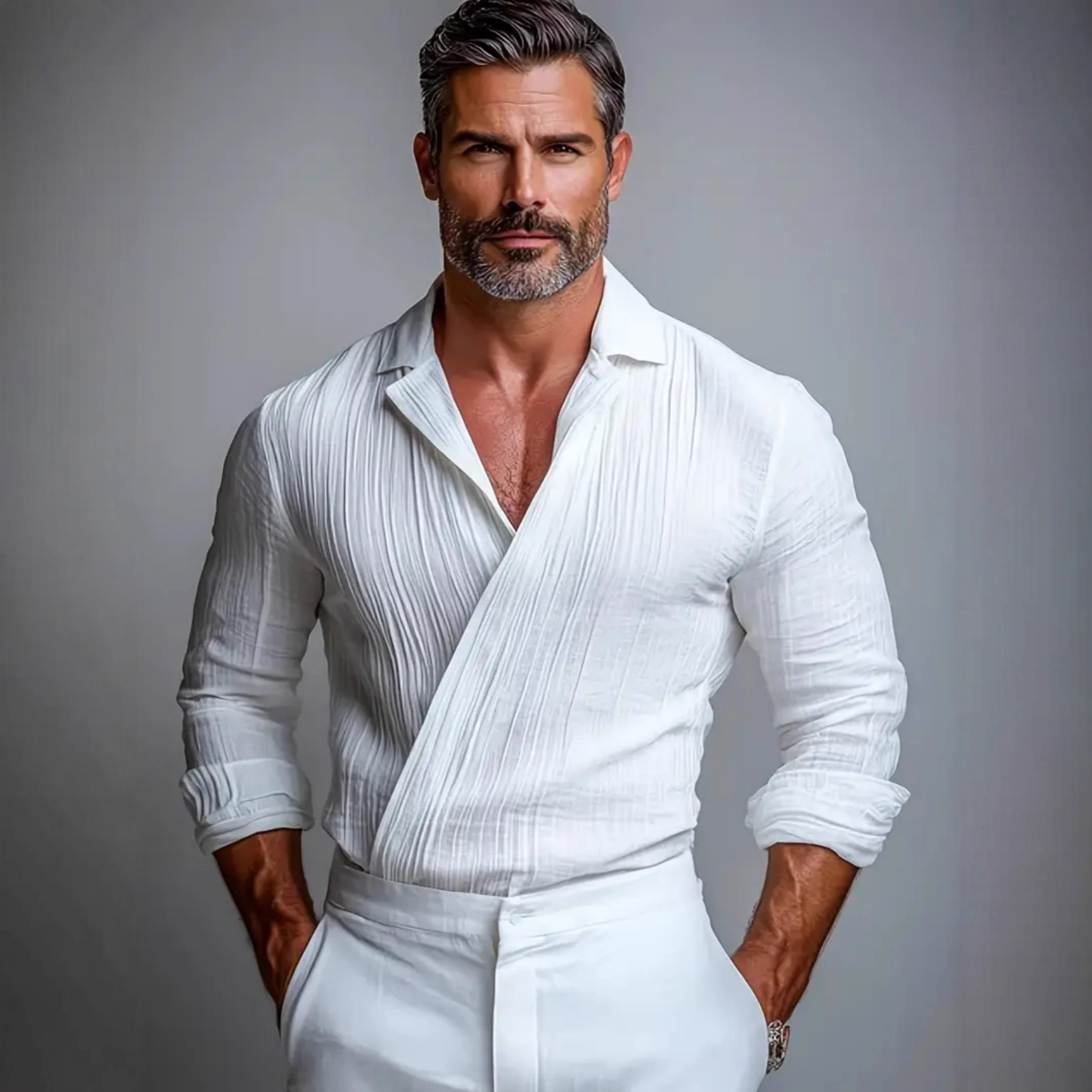 Camisa Textured Crossover V-Neck de manga larga Pullover para hombre