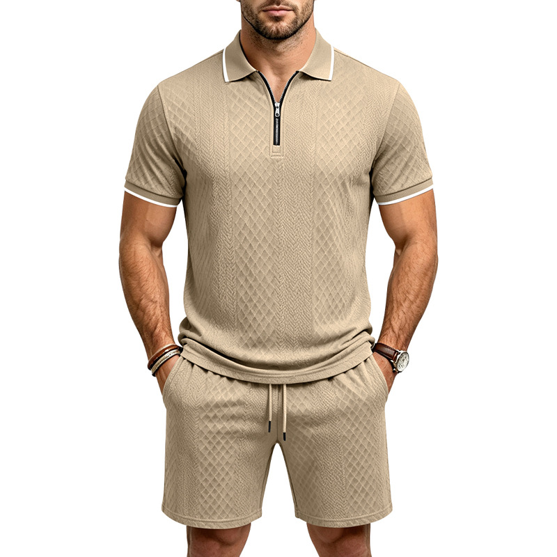para hombre Jacquard camisa polo & shorts Set | Relaxed con cierre Commuter 2-Piece