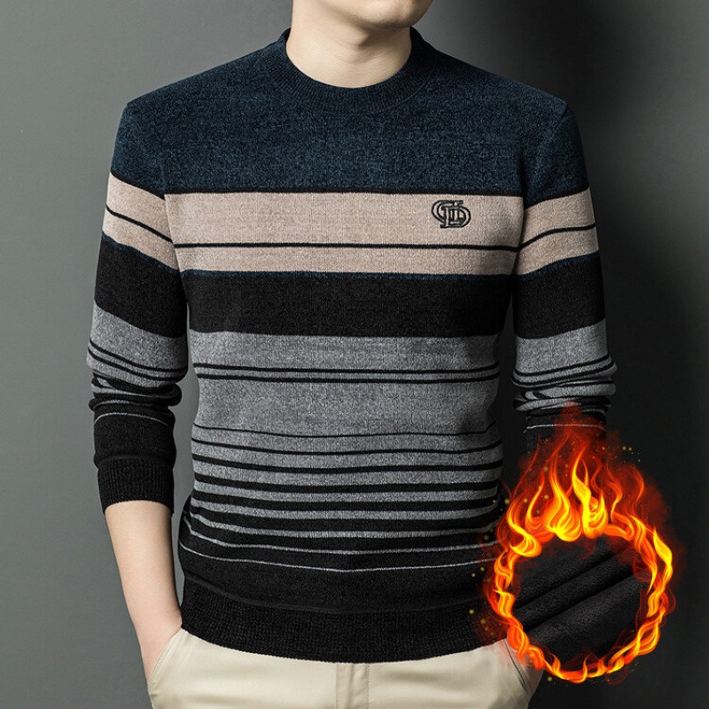 Thickened Plush Warm tejidoted Sweater Colorblock Round Neck Sweater para hombre