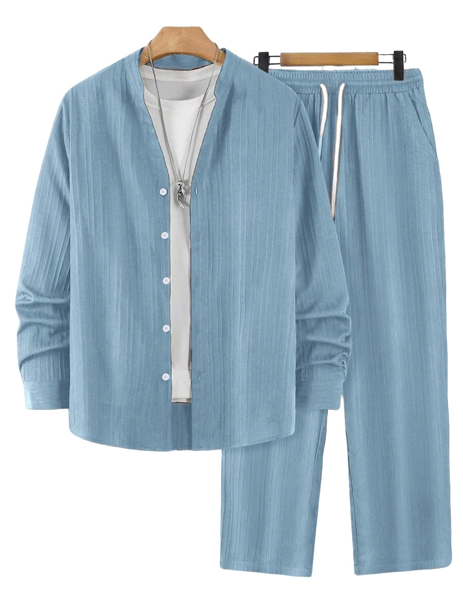 Solid-color, collarless, de manga largad camisa and trousers conjunto de dos piezas