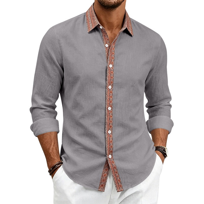 para hombre de lino camisa de manga larga | Contrast Placket Collared camisa
