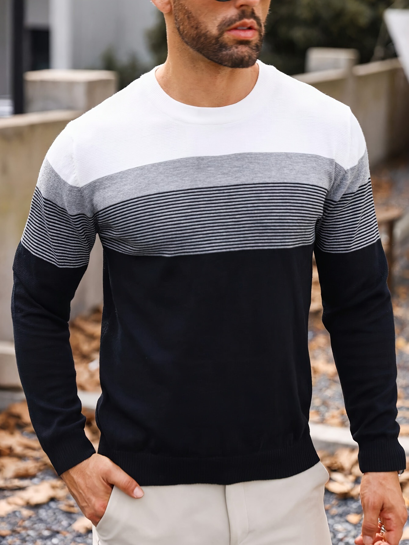 Casual rayas Round Neck tejido Sweater para hombre