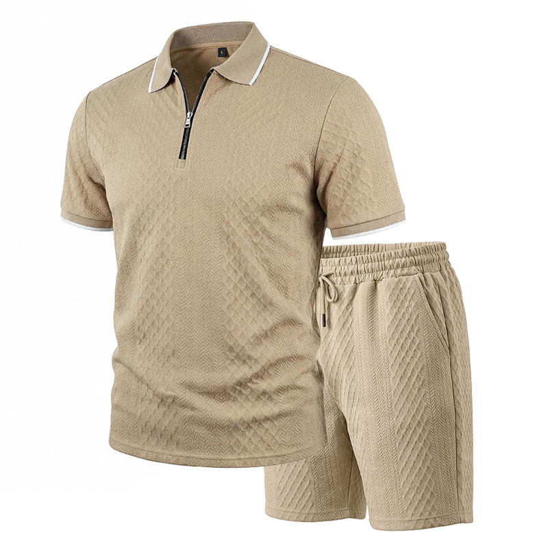 para hombre Jacquard camisa polo & shorts Set | Relaxed con cierre Commuter 2-Piece