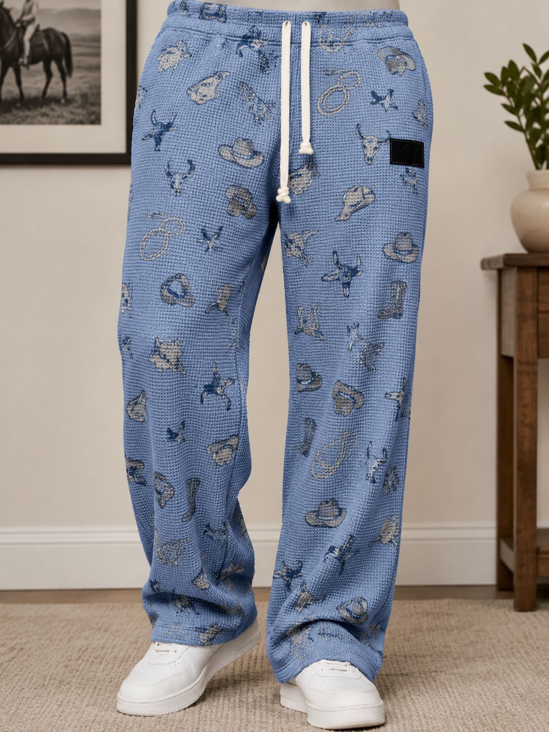 para hombre All-Over Print Waffle tejido pantalón | High-Waisted Drawstring Relaxed Fit Trousers