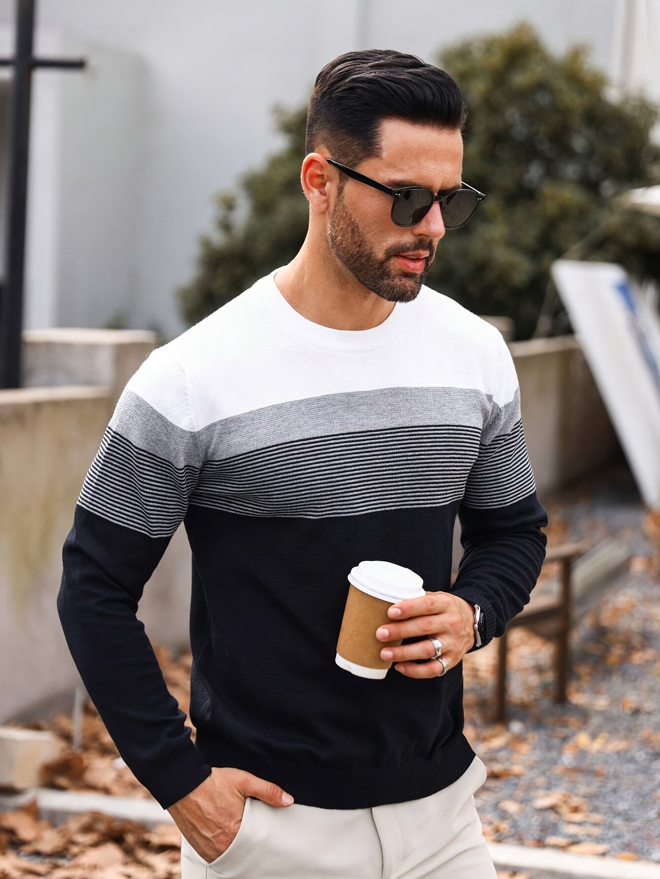 Casual rayas Round Neck tejido Sweater para hombre