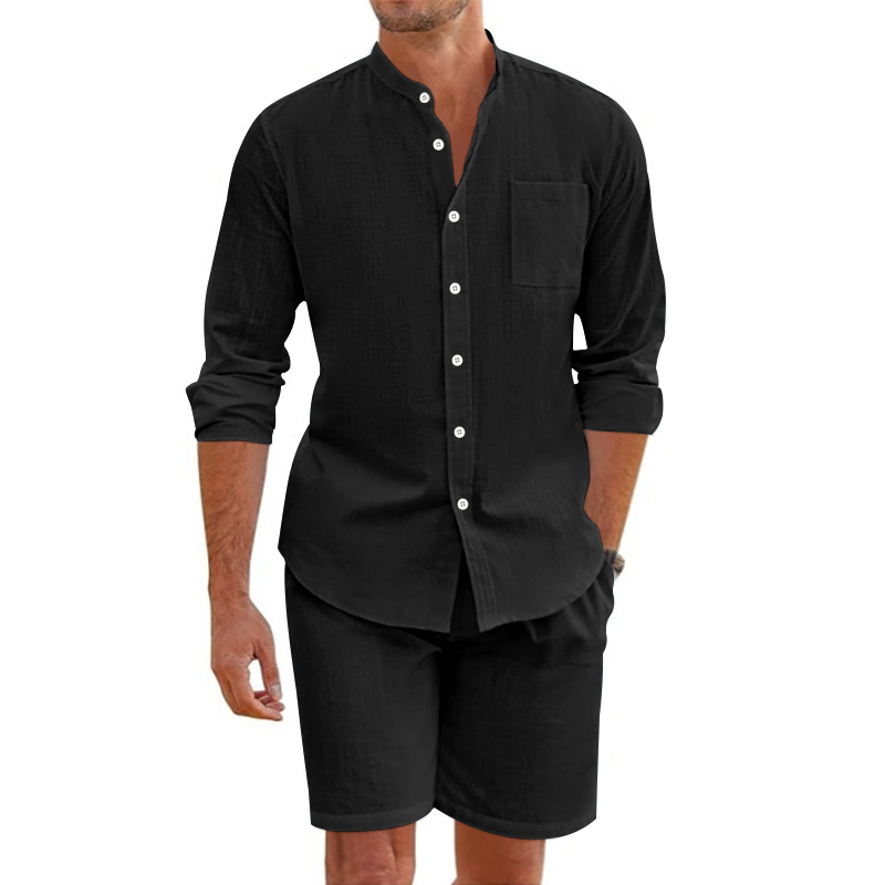 para hombre de lino de manga larga camisa & shorts Set