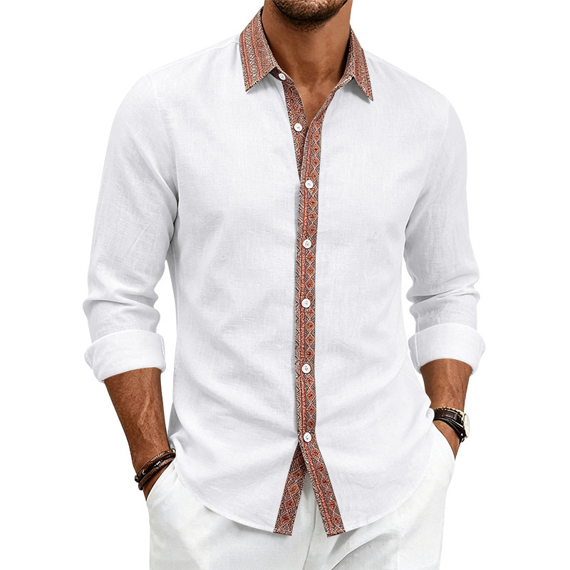 para hombre de lino camisa de manga larga | Contrast Placket Collared camisa