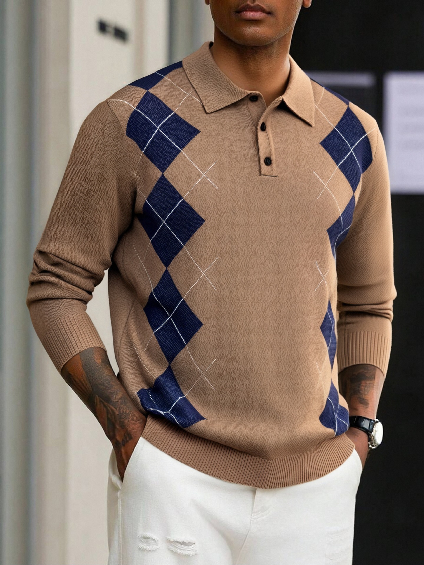 Casual a cuadros Round Neck tejido Sweater para hombre