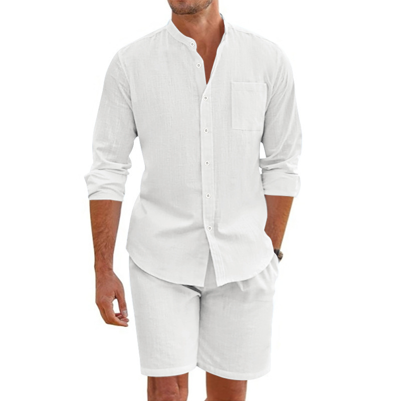 para hombre de lino de manga larga camisa & shorts Set