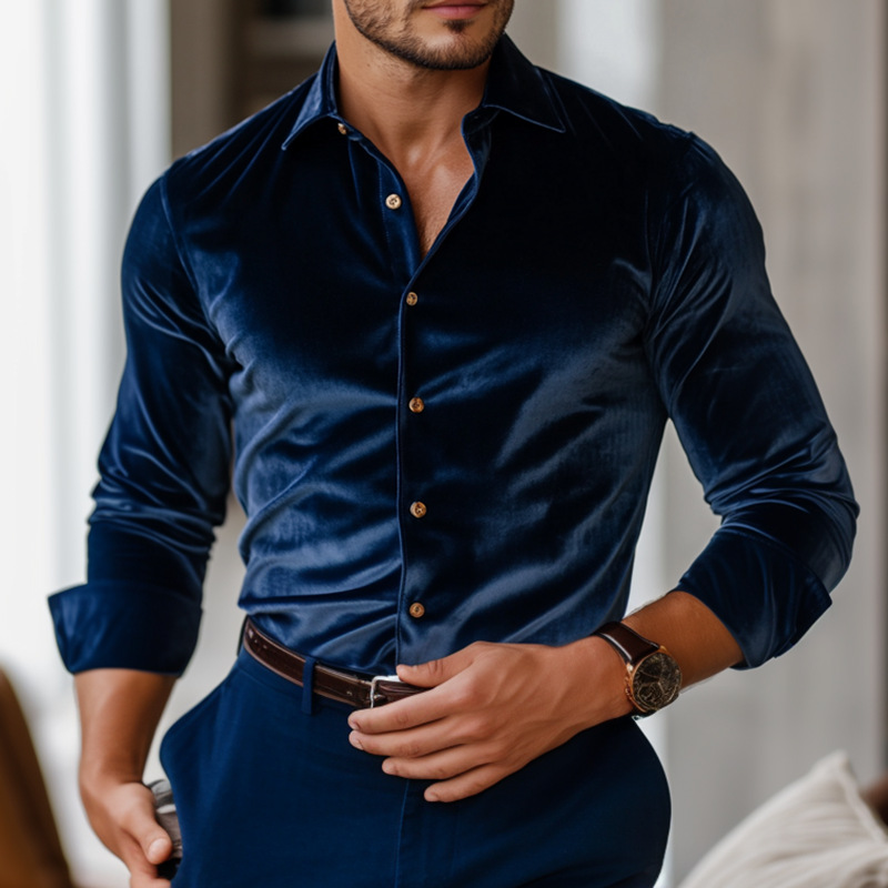Ejecutivo Turndown cuello de manga larga Button Velvecamiseta para hombre