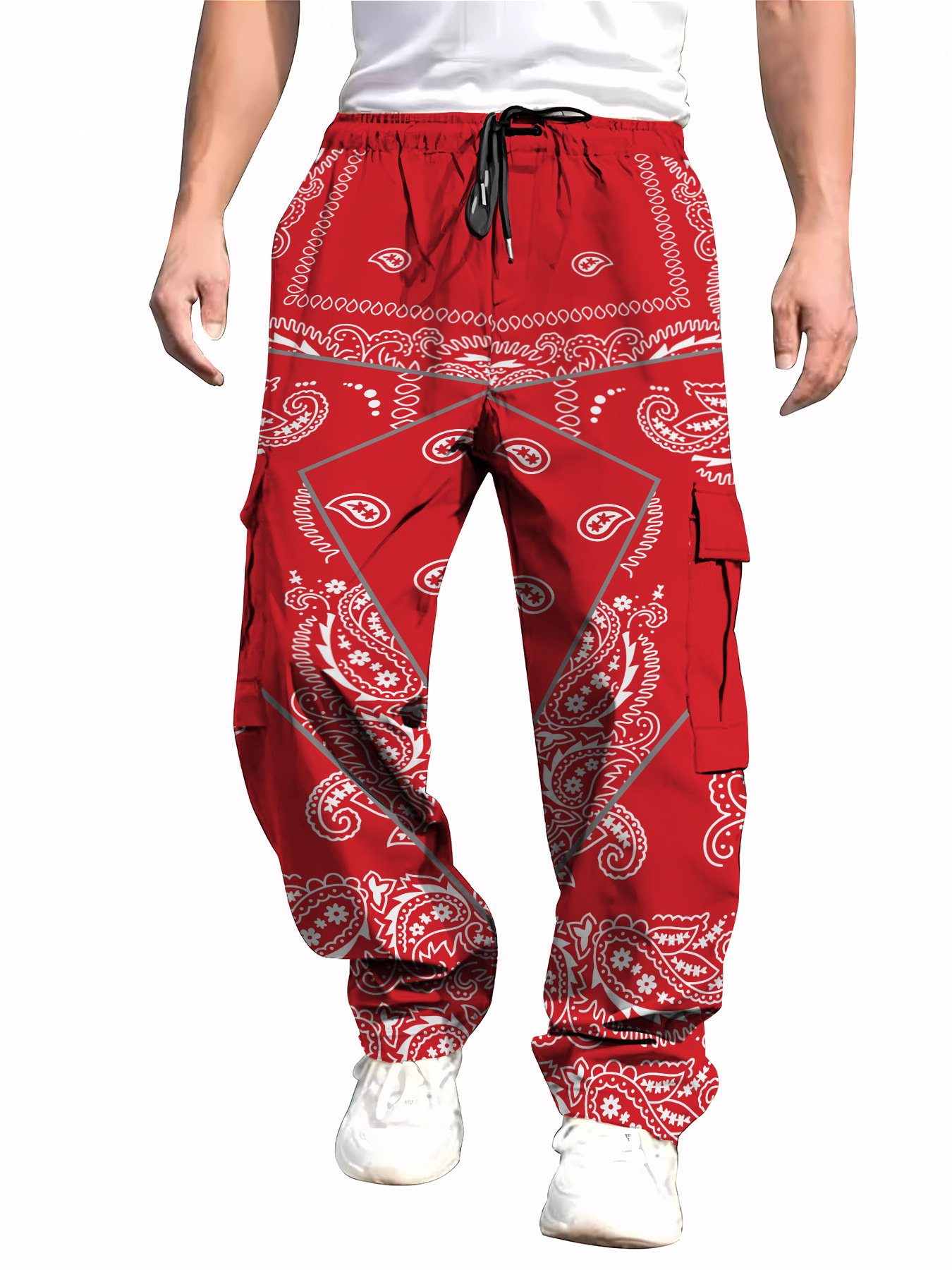 para hombre All-Over Print Cargo pantalón | Multi-Pocket Drawstring Trousers
