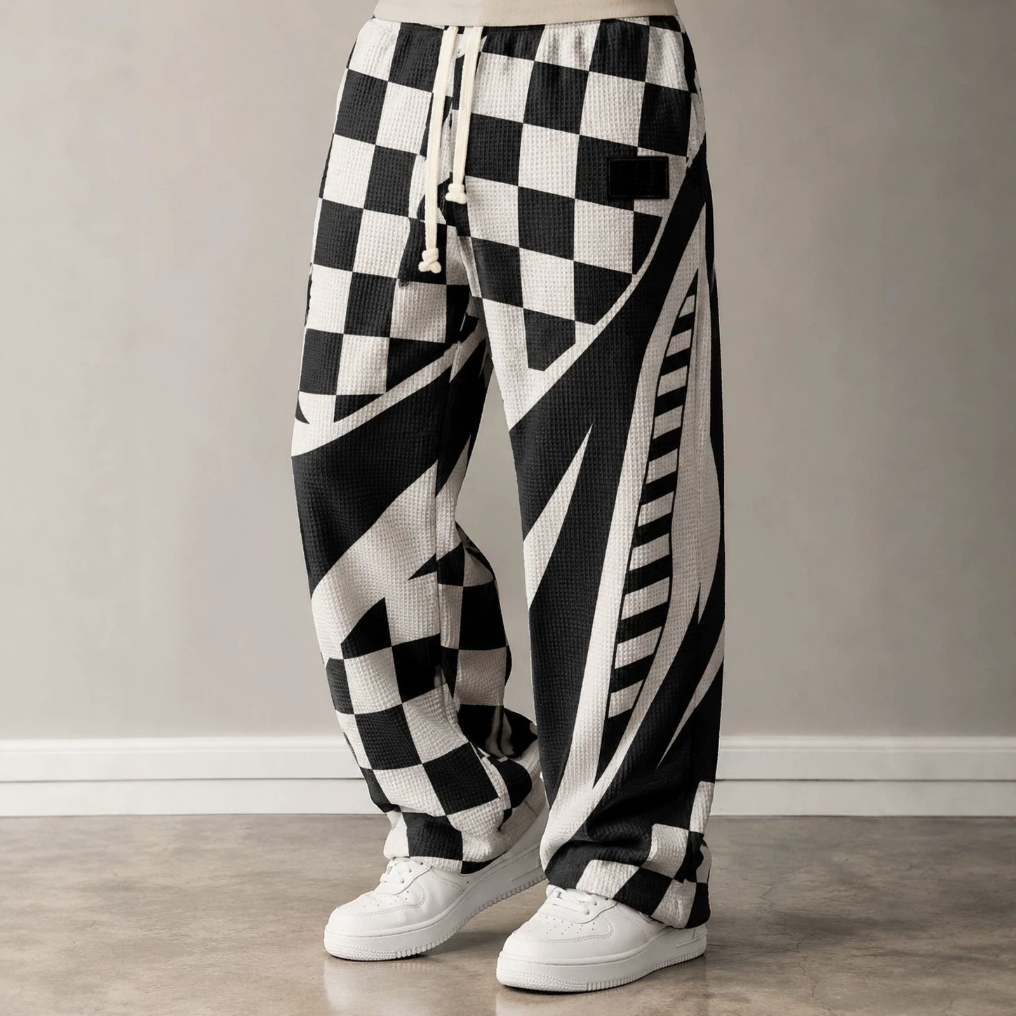 para hombre All-Over Print Waffle tejido pantalón | High-Waisted Drawstring Relaxed Fit Trousers