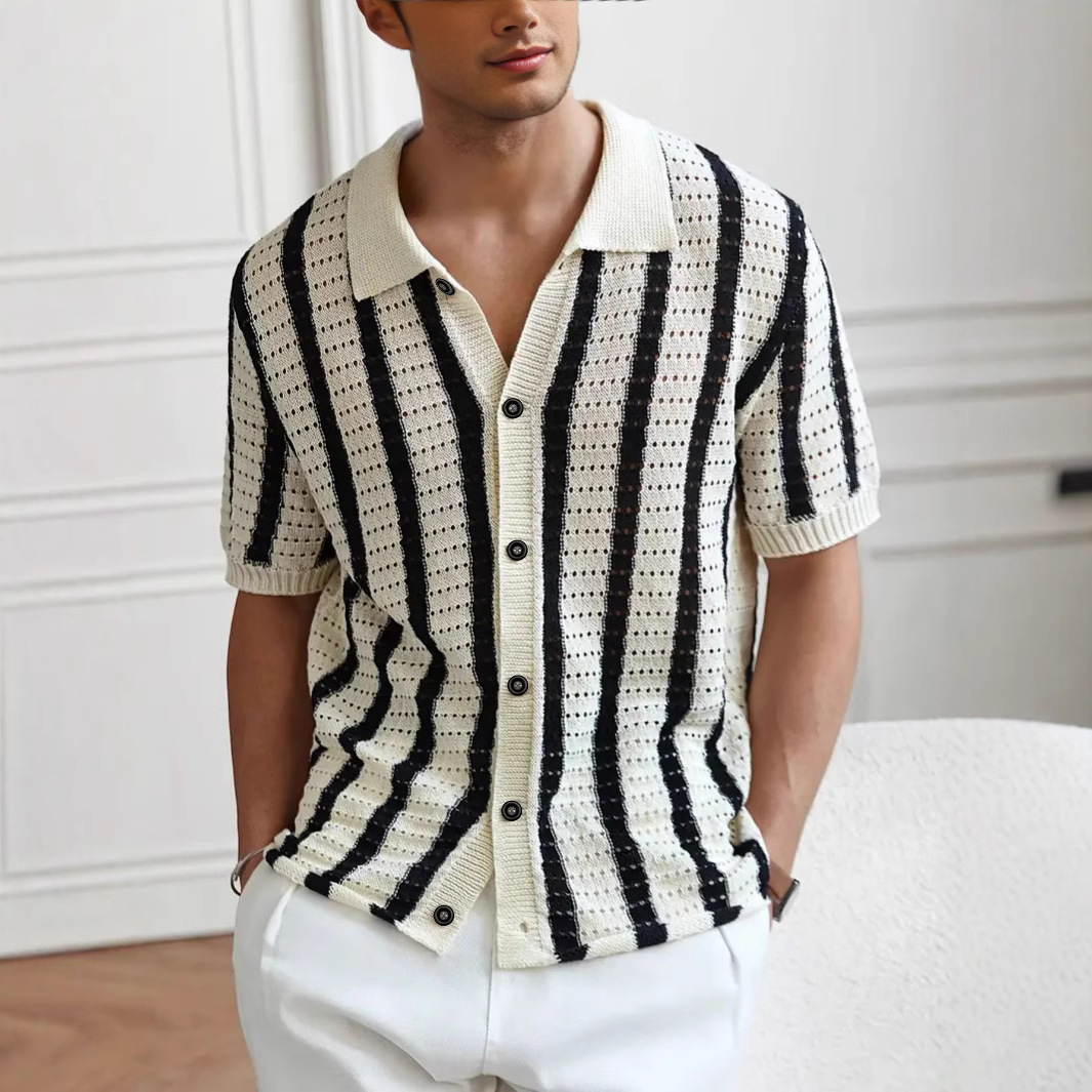 Camisa Openpara trabajo Vertical rayas tejido Polo Cardigan de manga corta para hombre