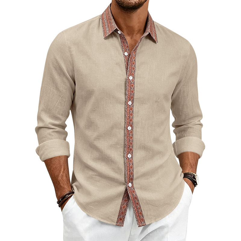 para hombre de lino camisa de manga larga | Contrast Placket Collared camisa