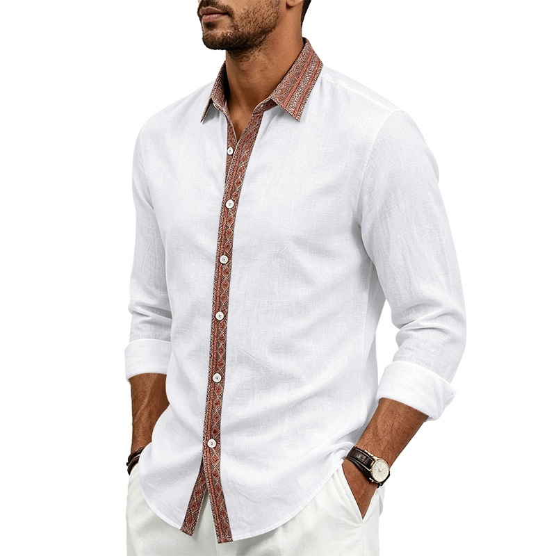 para hombre de lino camisa de manga larga | Contrast Placket Collared camisa