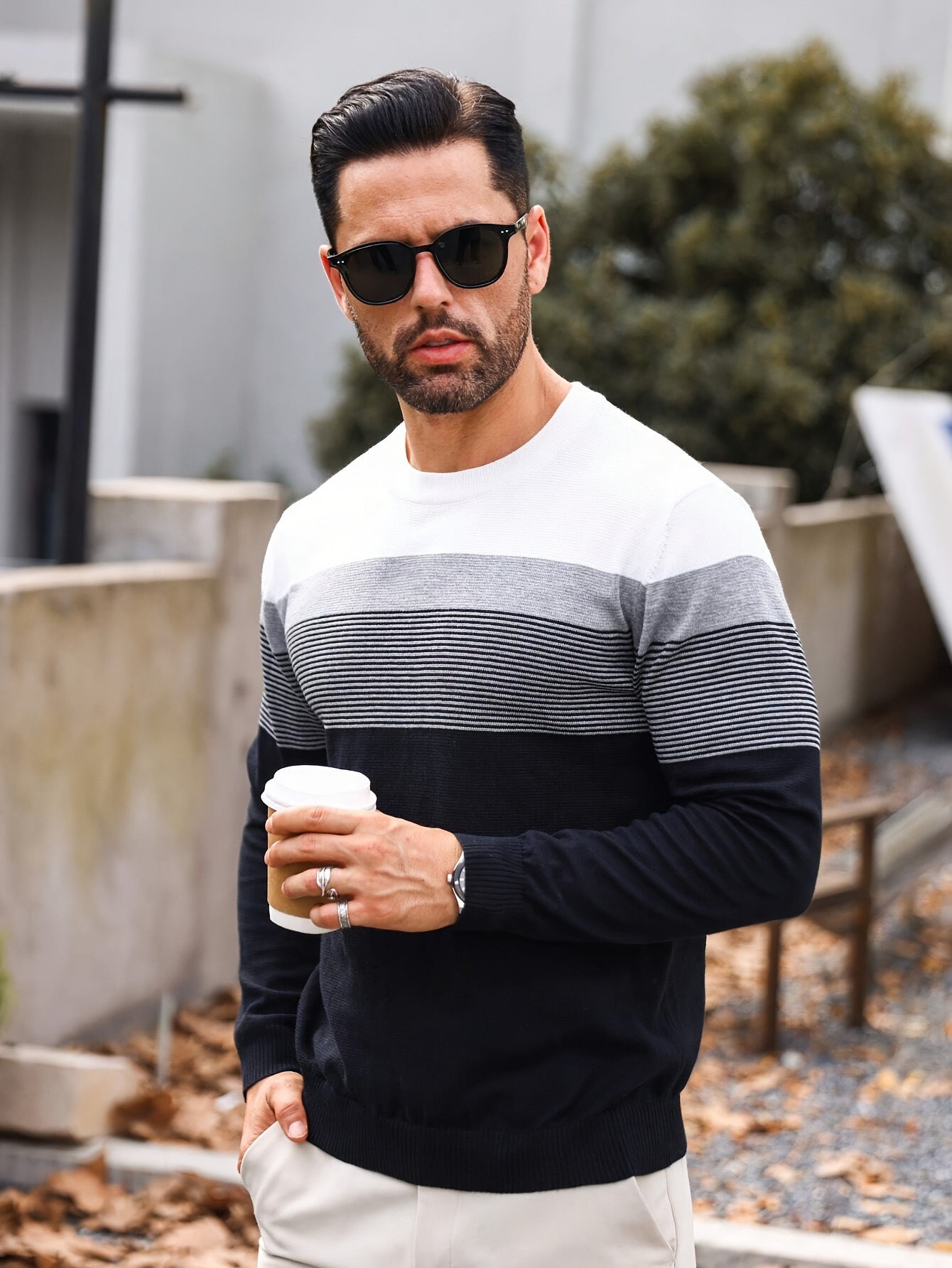 Casual rayas Round Neck tejido Sweater para hombre