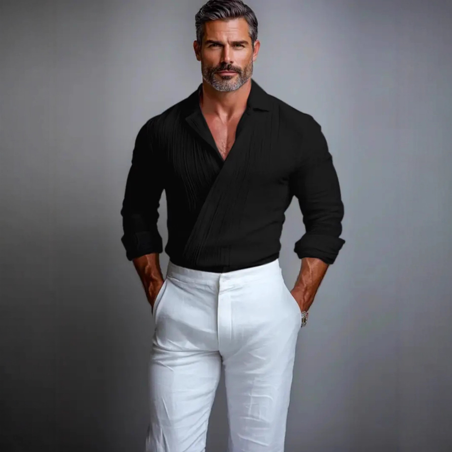 Camisa Textured Crossover V-Neck de manga larga Pullover para hombre
