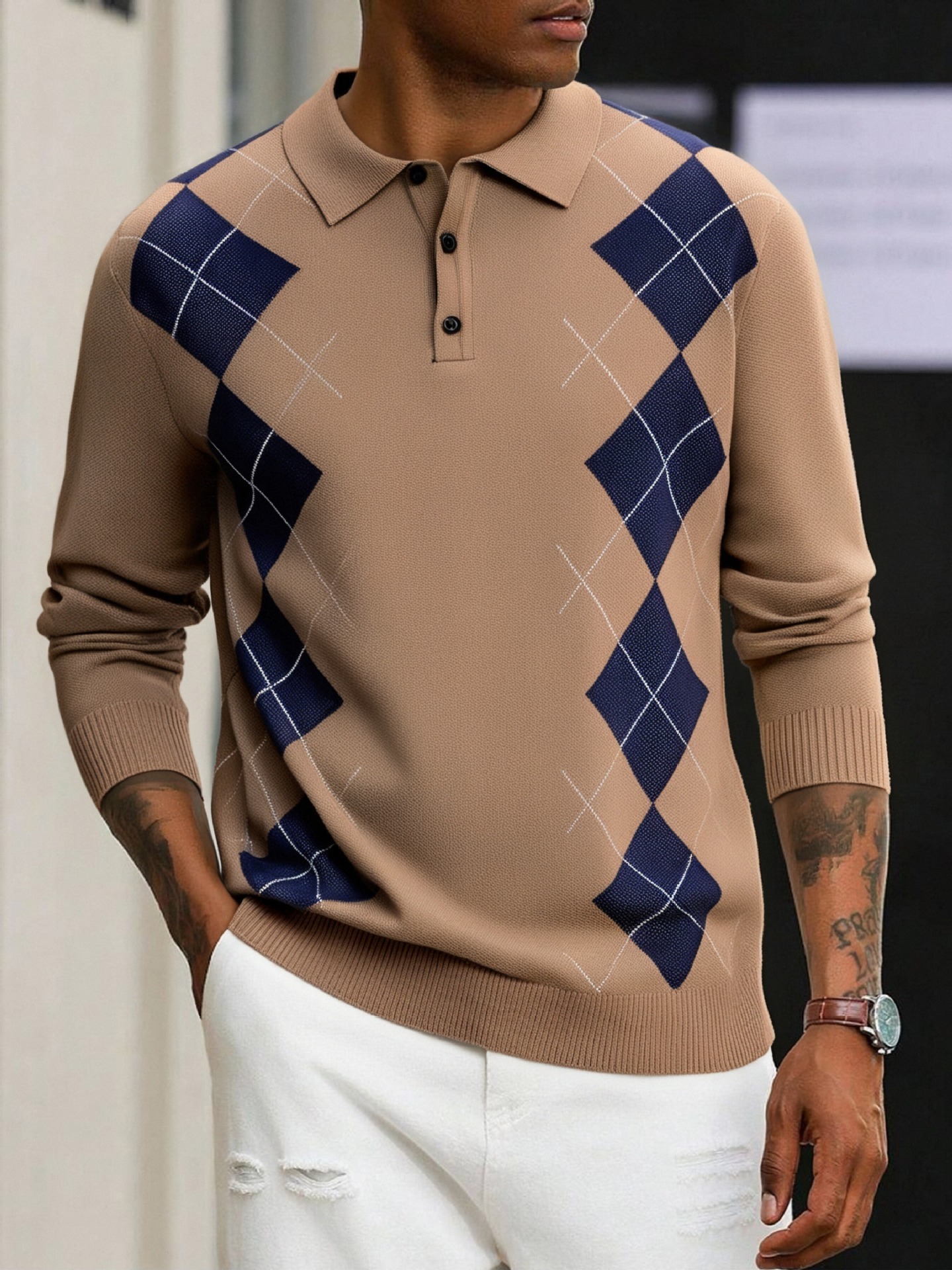 Casual a cuadros Round Neck tejido Sweater para hombre