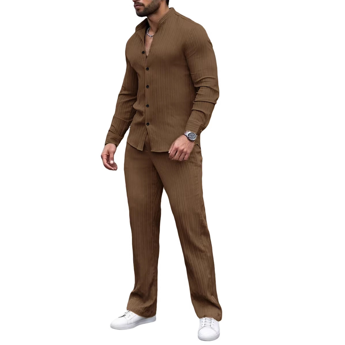 Solid-color, collarless, de manga largad camisa and trousers conjunto de dos piezas
