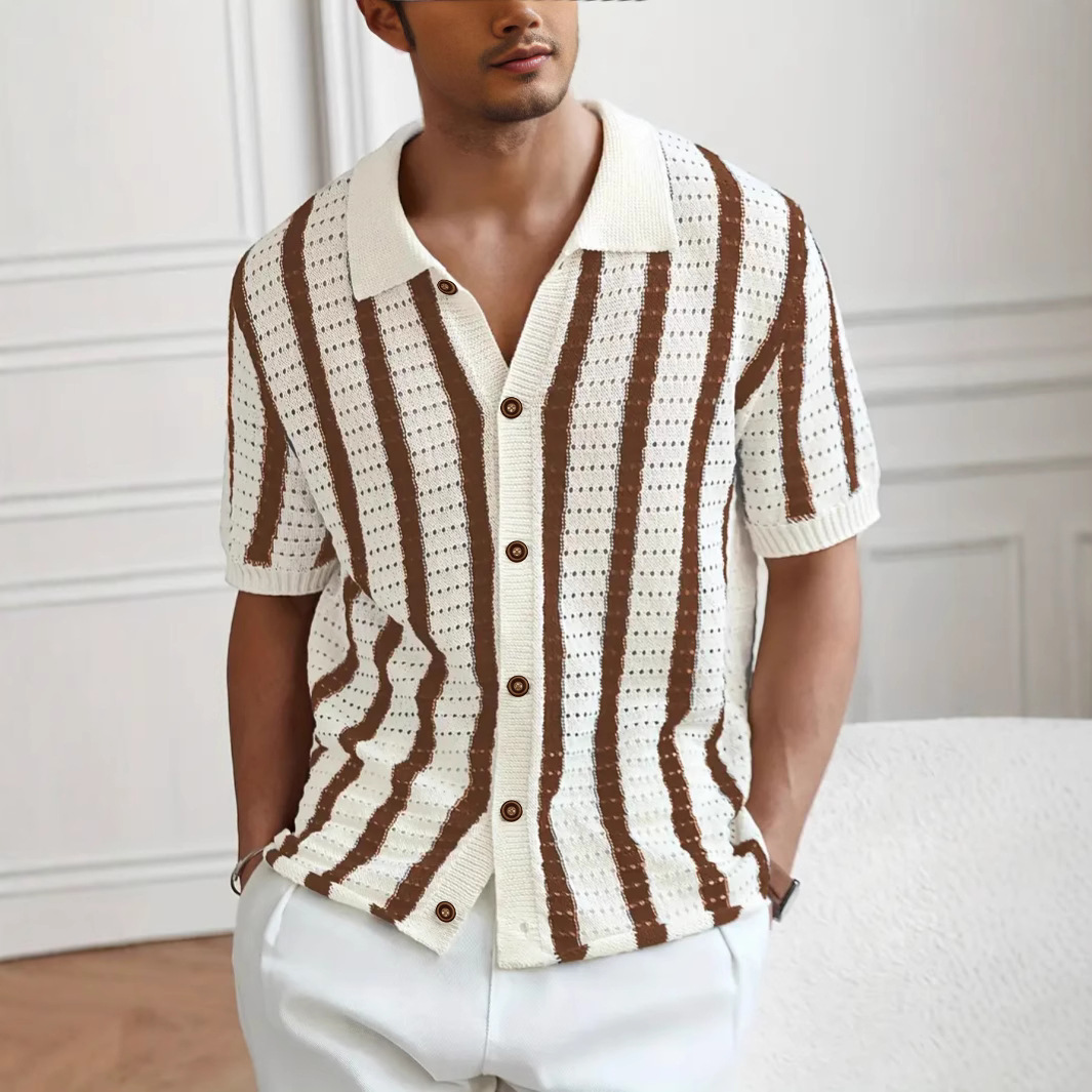 Camisa Openpara trabajo Vertical rayas tejido Polo Cardigan de manga corta para hombre