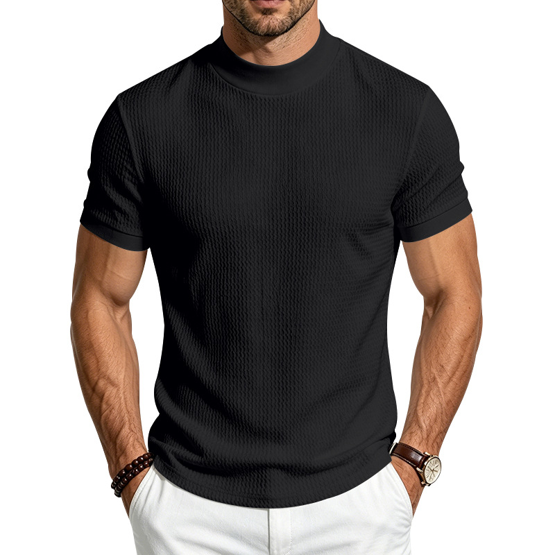 para hombre Solid Jacquard Mock Neck camisa | de corte entallado Minimalist de manga corta Top