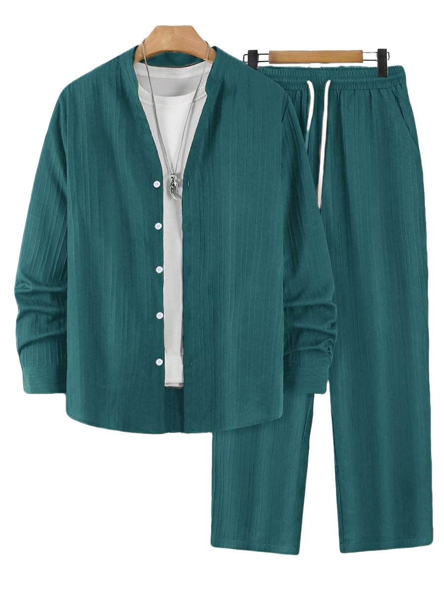 Solid-color, collarless, de manga largad camisa and trousers conjunto de dos piezas