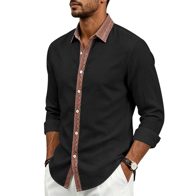 para hombre de lino camisa de manga larga | Contrast Placket Collared camisa