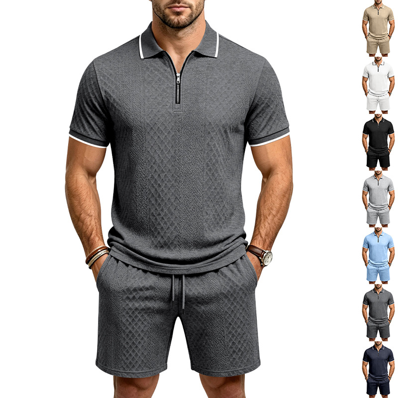 para hombre Jacquard camisa polo & shorts Set | Relaxed con cierre Commuter 2-Piece