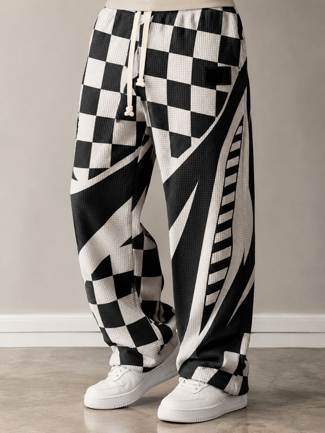 para hombre All-Over Print Waffle tejido pantalón | High-Waisted Drawstring Relaxed Fit Trousers