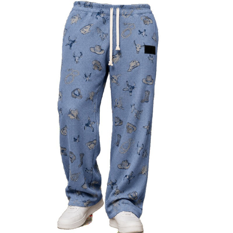 para hombre All-Over Print Waffle tejido pantalón | High-Waisted Drawstring Relaxed Fit Trousers
