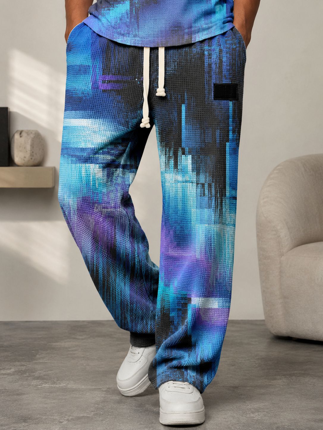 para hombre All-Over Print Waffle tejido pantalón | High-Waisted Drawstring Relaxed Fit Trousers