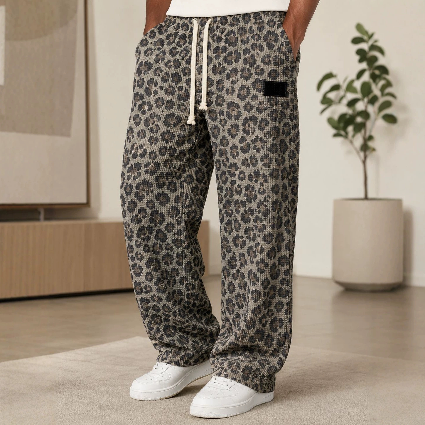 para hombre All-Over Print Waffle tejido pantalón | High-Waisted Drawstring Relaxed Fit Trousers