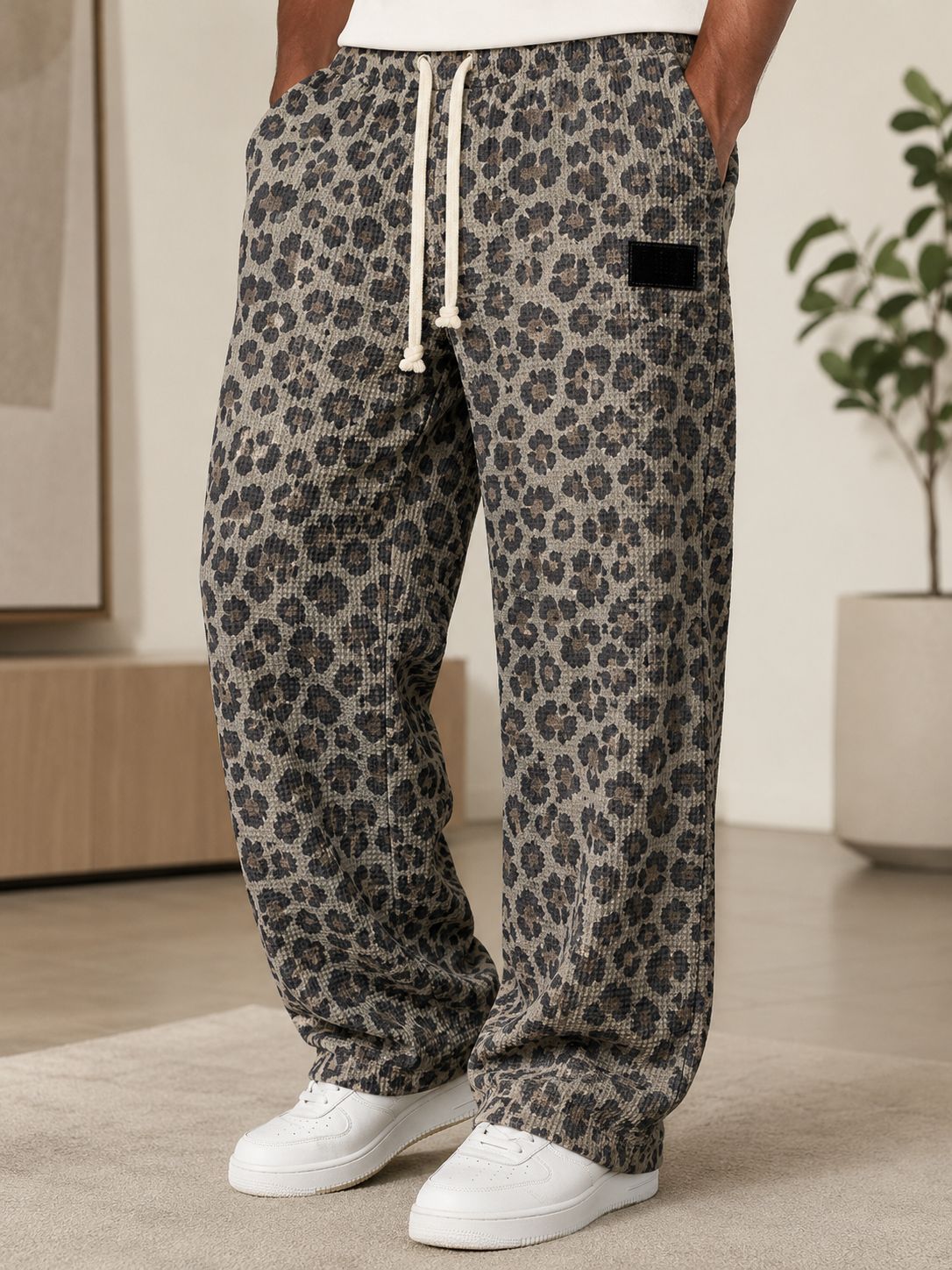 para hombre All-Over Print Waffle tejido pantalón | High-Waisted Drawstring Relaxed Fit Trousers