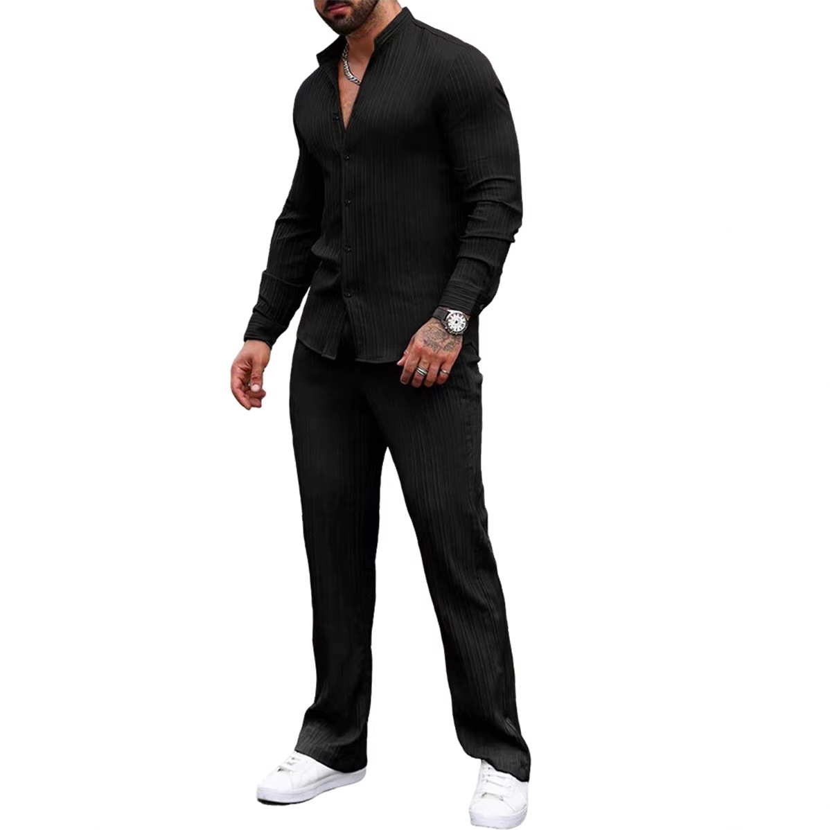 Solid-color, collarless, de manga largad camisa and trousers conjunto de dos piezas
