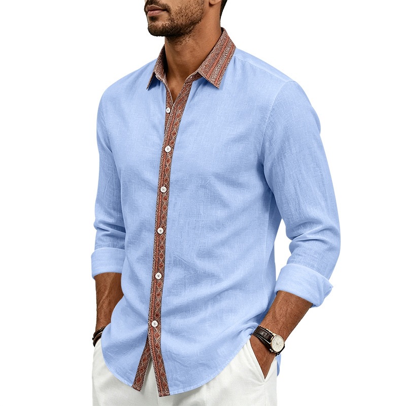 para hombre de lino camisa de manga larga | Contrast Placket Collared camisa