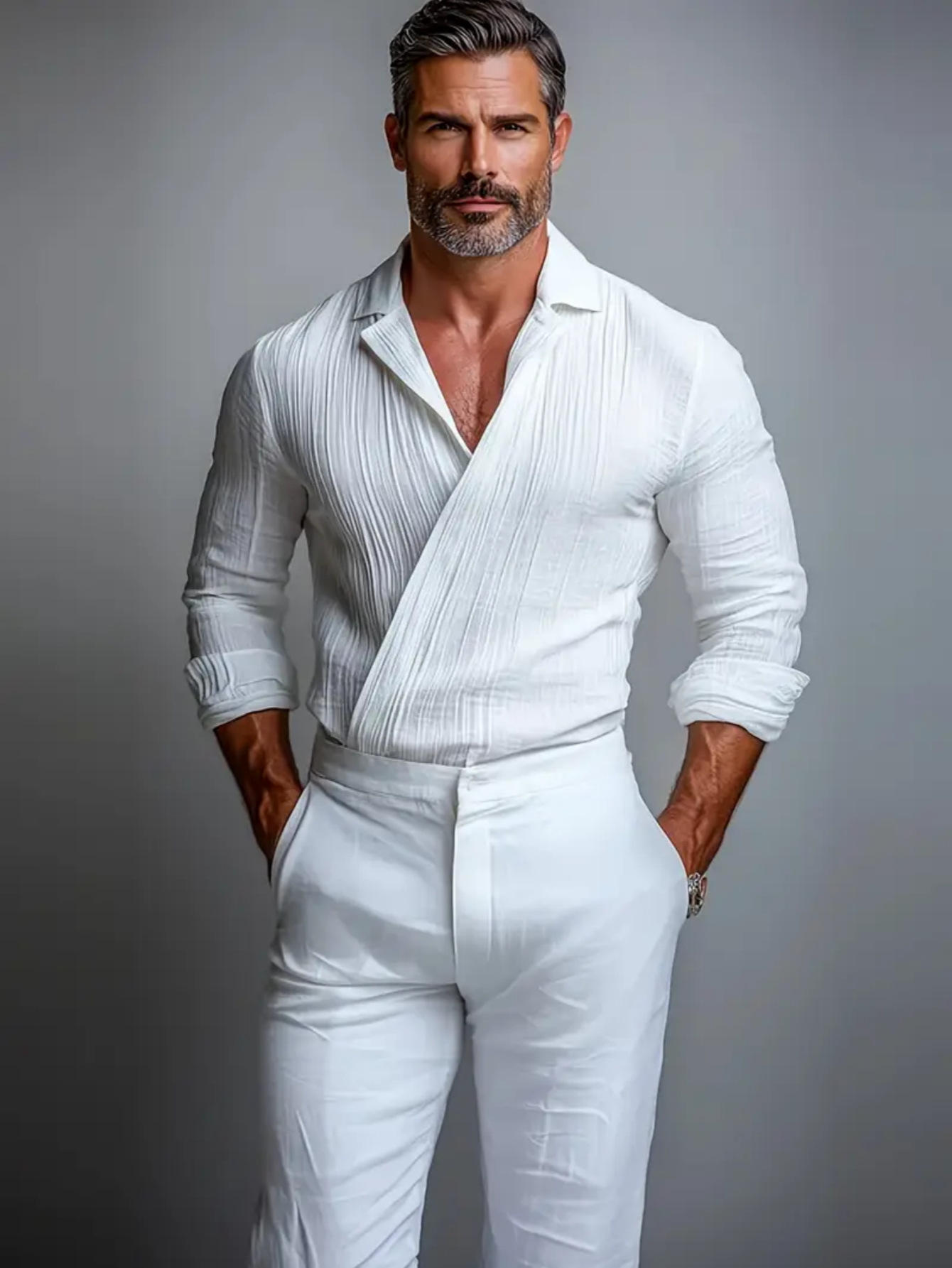 Camisa Textured Crossover V-Neck de manga larga Pullover para hombre