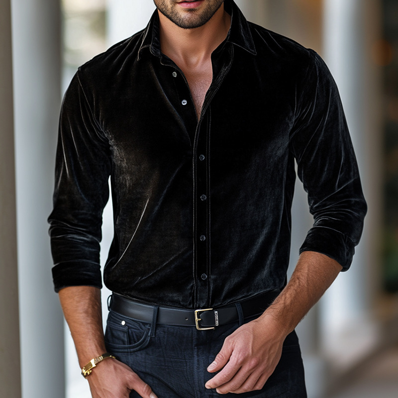Ejecutivo Turndown cuello de manga larga Button Velvecamiseta para hombre