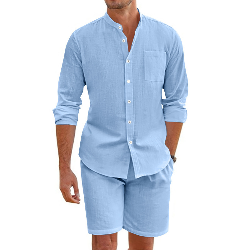 para hombre de lino de manga larga camisa & shorts Set