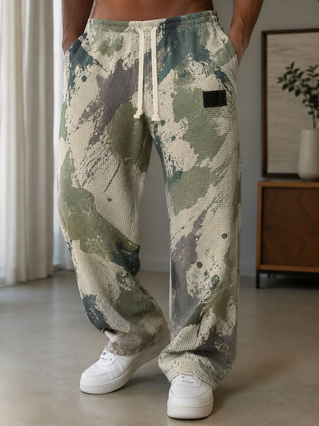 para hombre All-Over Print Waffle tejido pantalón | High-Waisted Drawstring Relaxed Fit Trousers