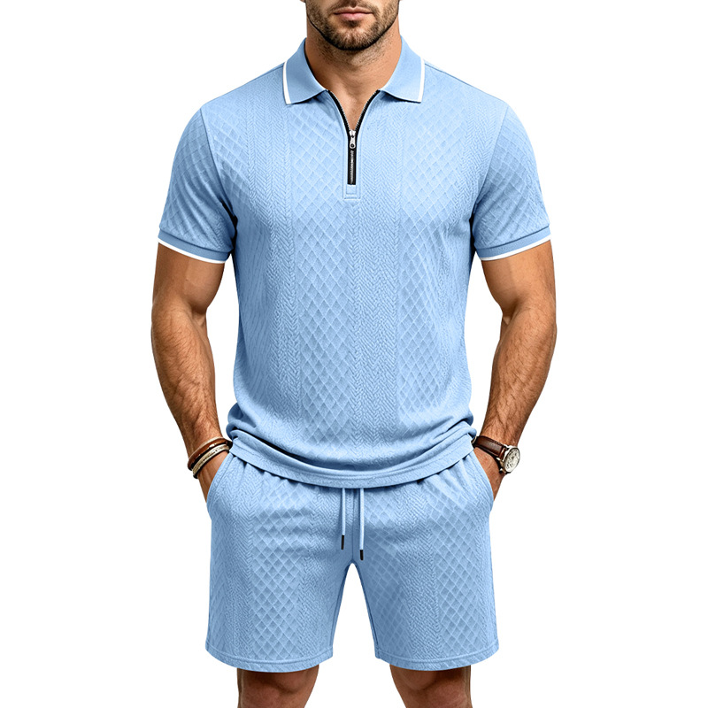 para hombre Jacquard camisa polo & shorts Set | Relaxed con cierre Commuter 2-Piece