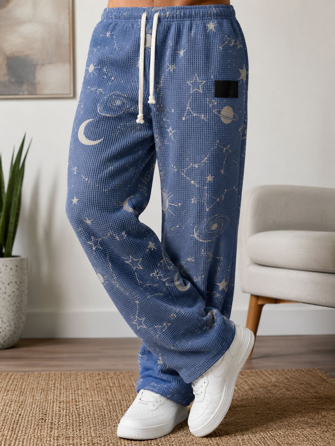 para hombre All-Over Print Waffle tejido pantalón | High-Waisted Drawstring Relaxed Fit Trousers
