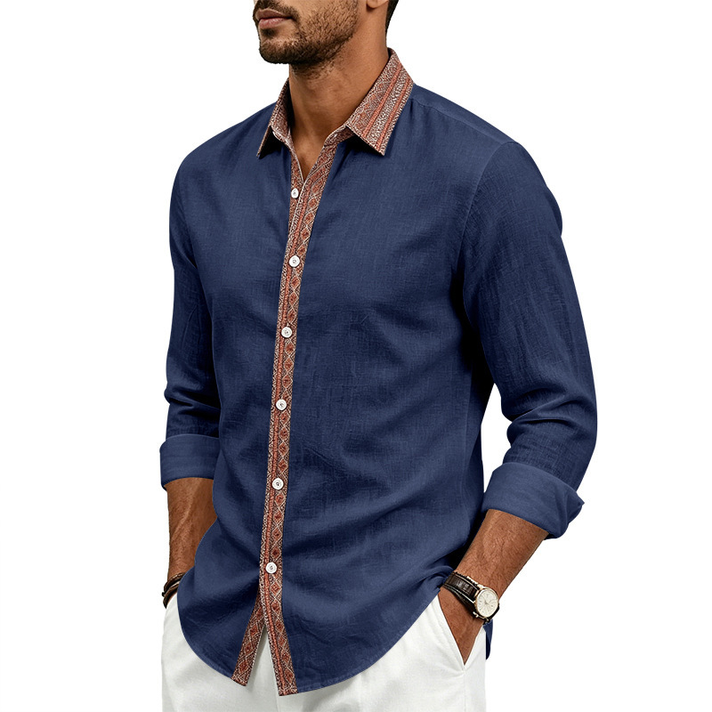 para hombre de lino camisa de manga larga | Contrast Placket Collared camisa