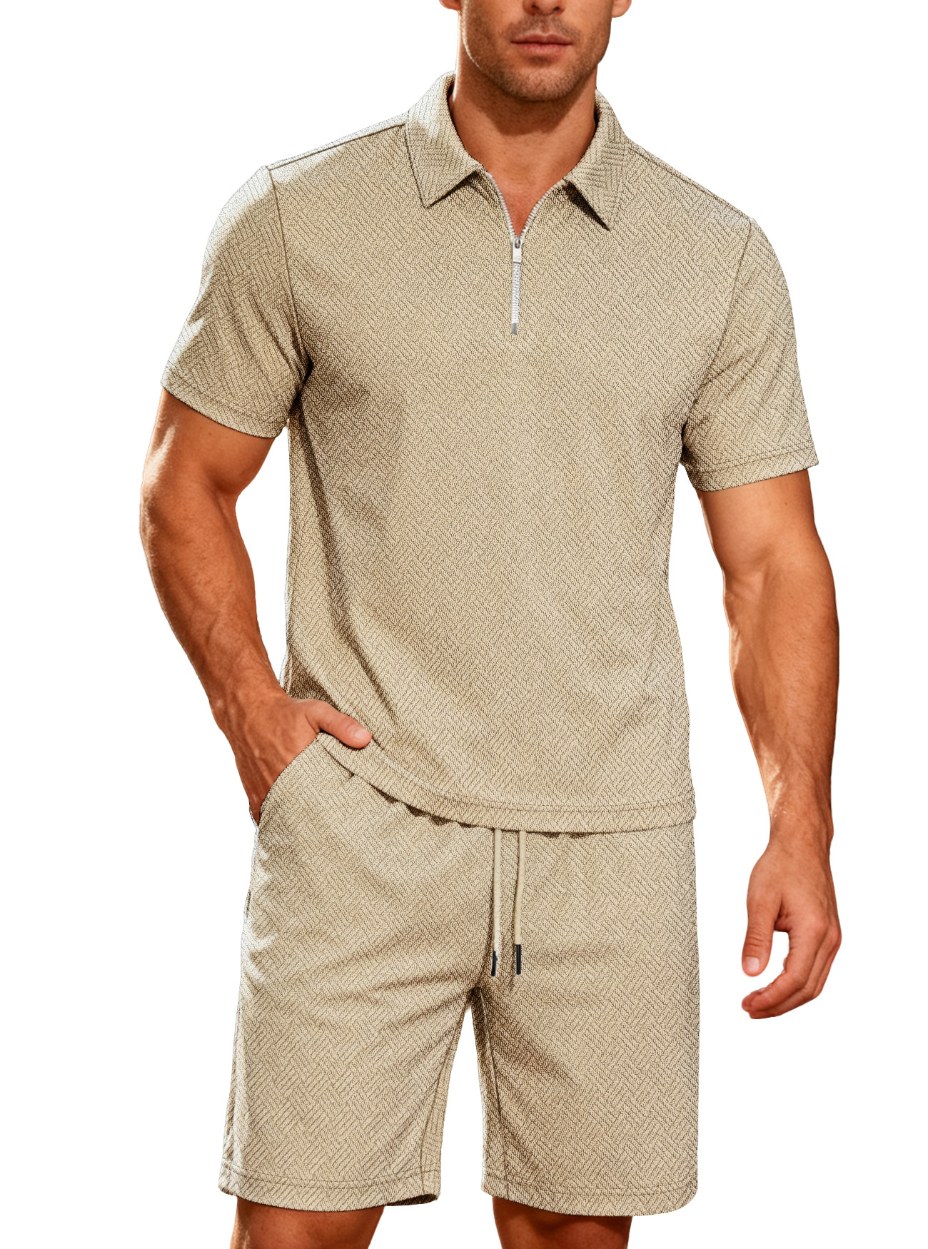 para hombre de manga corta Zip Polo shorts Set