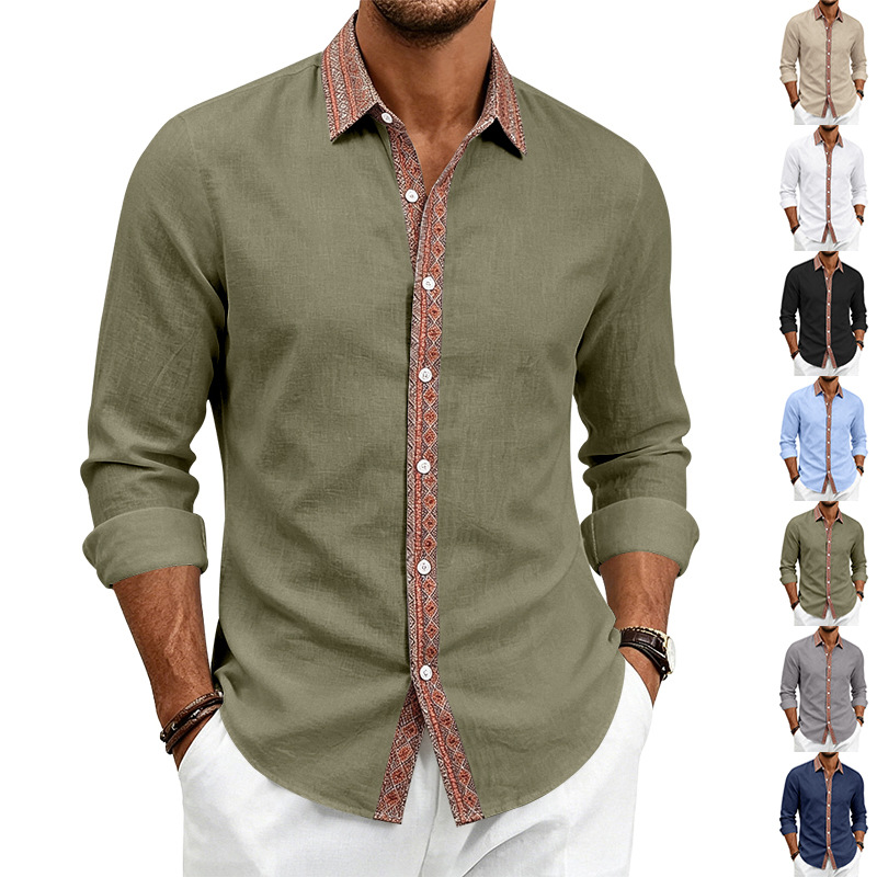 para hombre de lino camisa de manga larga | Contrast Placket Collared camisa