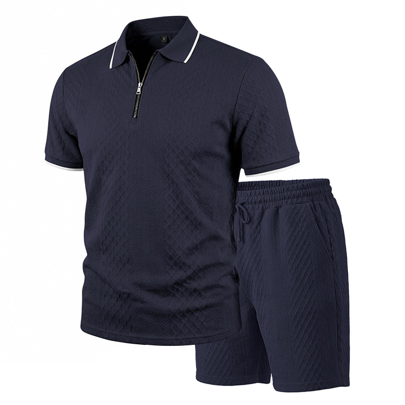 para hombre Jacquard camisa polo & shorts Set | Relaxed con cierre Commuter 2-Piece